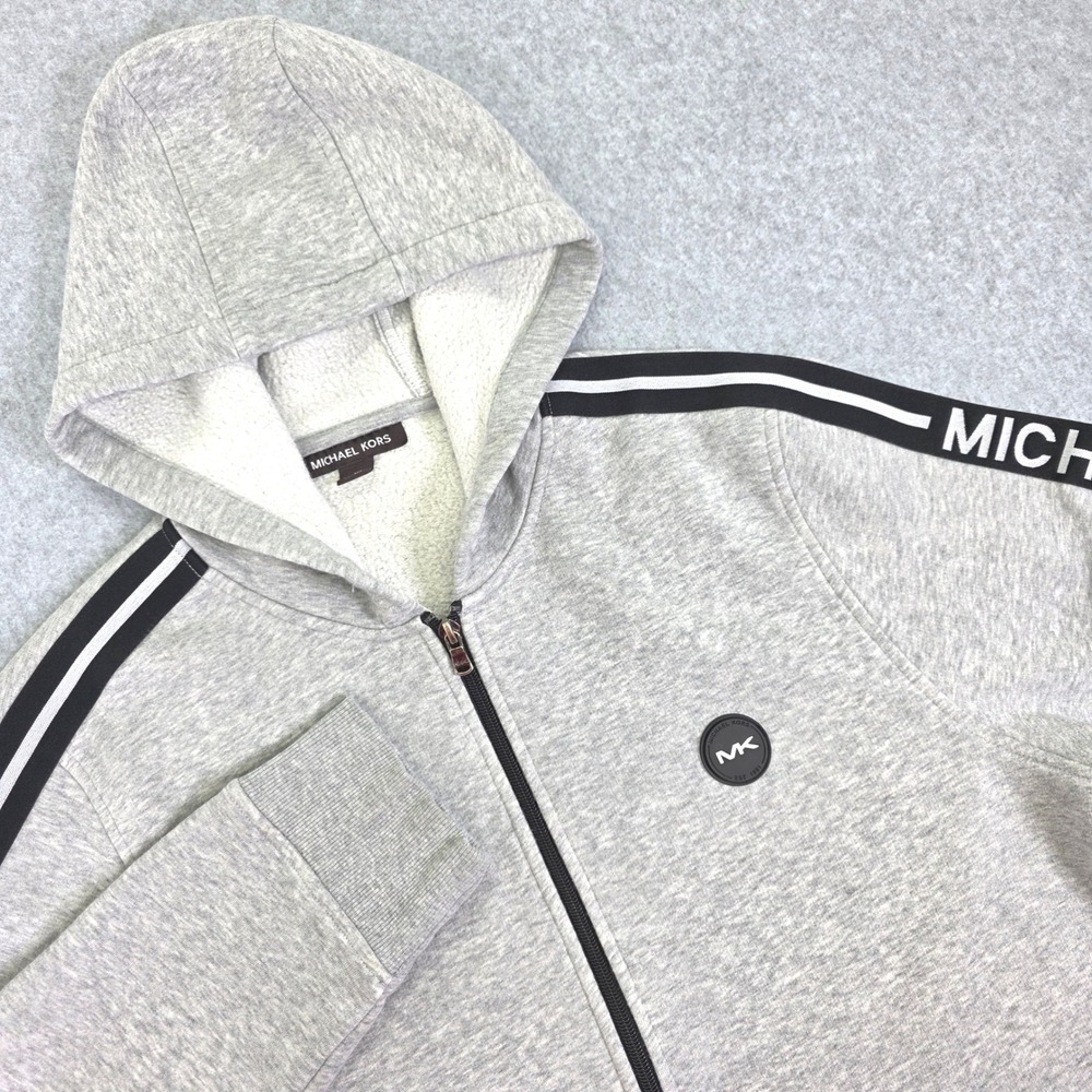 Michael Kors Zip Up Hoodie Women's Medium Grey Logo Tape Stripe Athletic Fleece